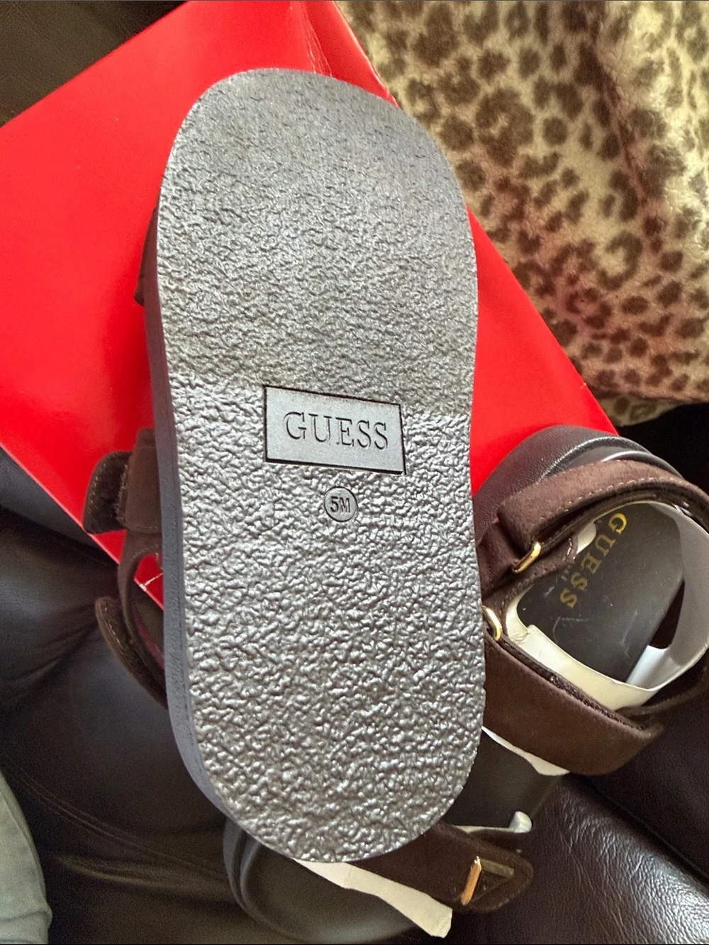 Guess Brown Suede Double-Strap Sandals with Gold Accents